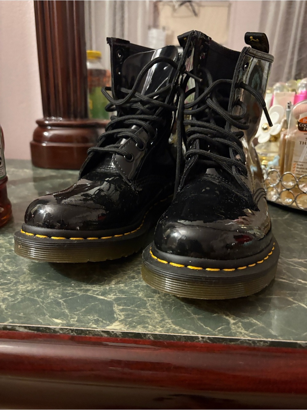 Dr. Martens Black Patent Lace-Up Boots with Yellow Stitching